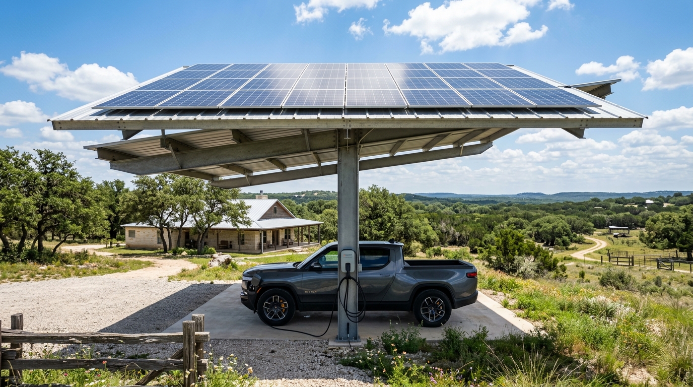 Solar panels charging an EV off grid